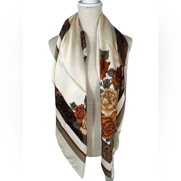 Ivory & Brown Vintage Rose Print Satin Blend Scarve - Picture 4 of 7